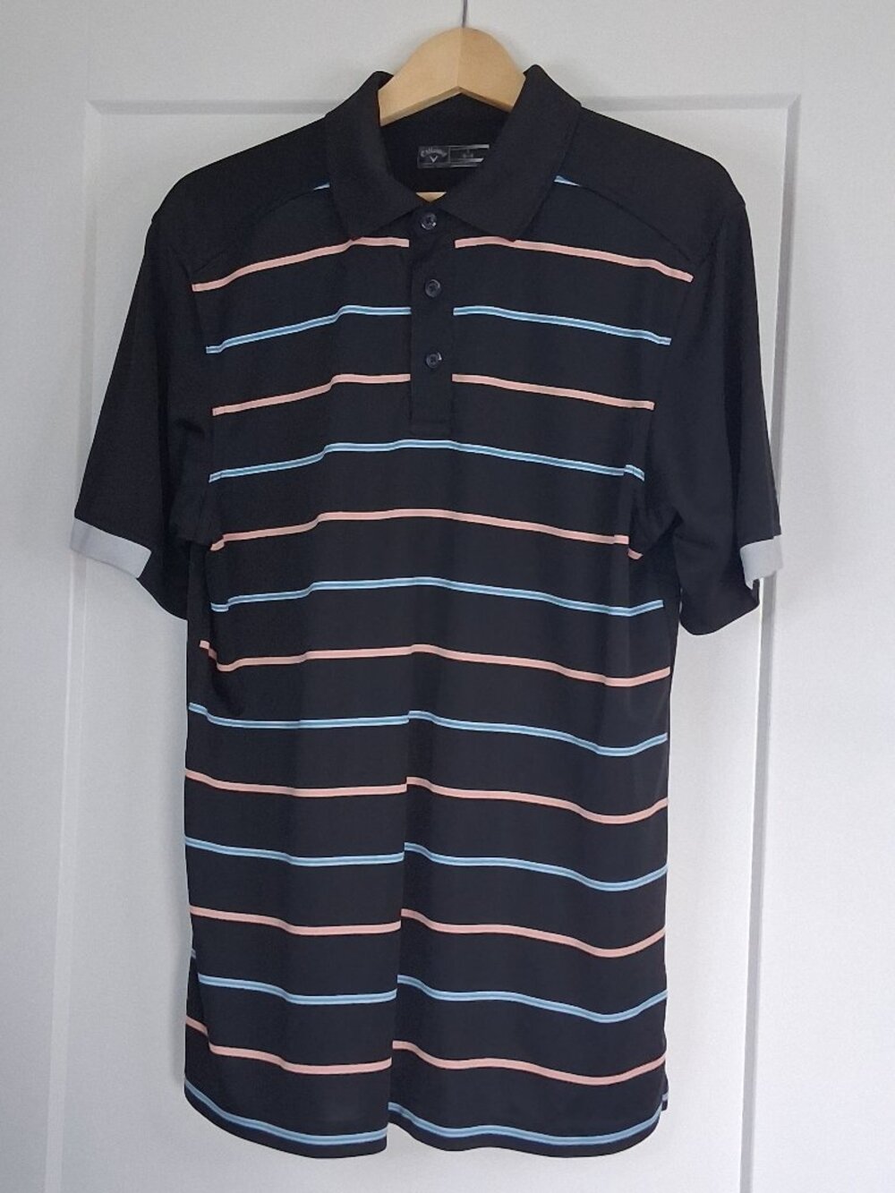 Callaway Golf Polo Shirt Mens L BlackStriped Opti-Dri Performance Stretch